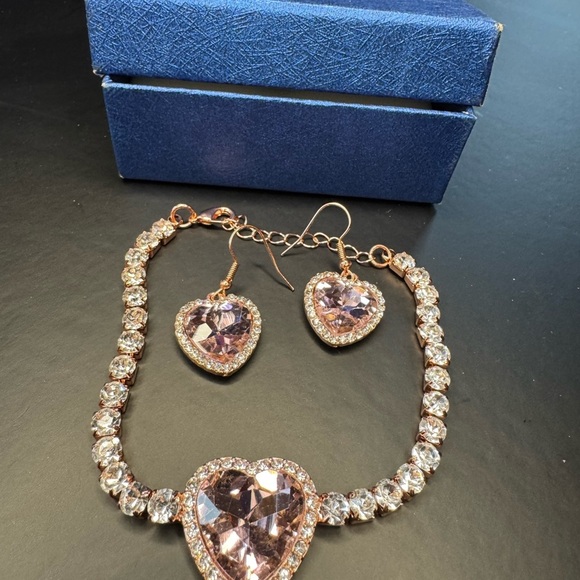None Jewelry - Pink Australian Crystal Heart Bracelet and Earrings Set